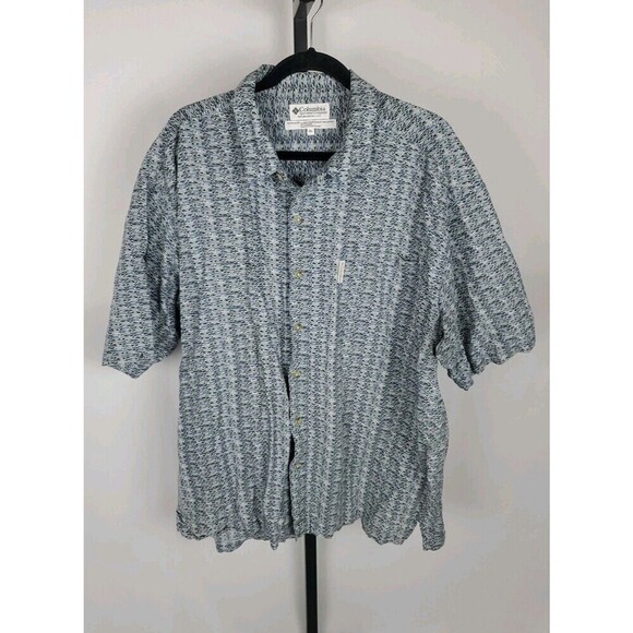 Vintage Columbia Button Shirt Men 2XL Short Sleeve Ramie Cotton Geometric AOP - Picture 1 of 7